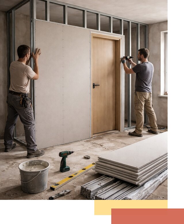 Перегородка из гипсокартона с дверью под ключ в Кургане