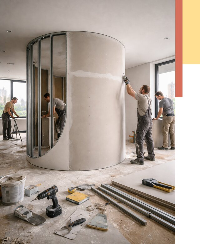 Радиусная перегородка из гипсокартона в Кургане от 2990 руб. под ключ | ОТДЕЛОЧНИК-Крг