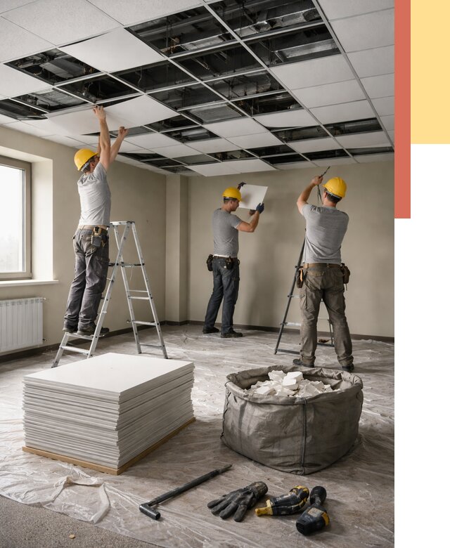 Демонтаж потолка Армстронг в Кургане от 4639 руб. быстро и недорого | ОТДЕЛОЧНИК-Крг