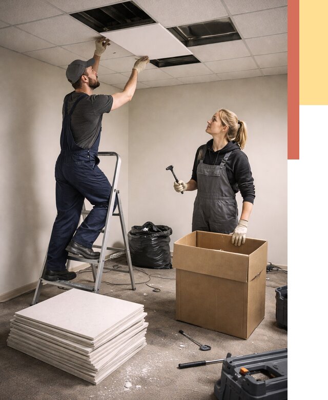 Демонтаж потолочной плитки в Кургане от 4639 руб. быстро и недорого | ОТДЕЛОЧНИК-Крг