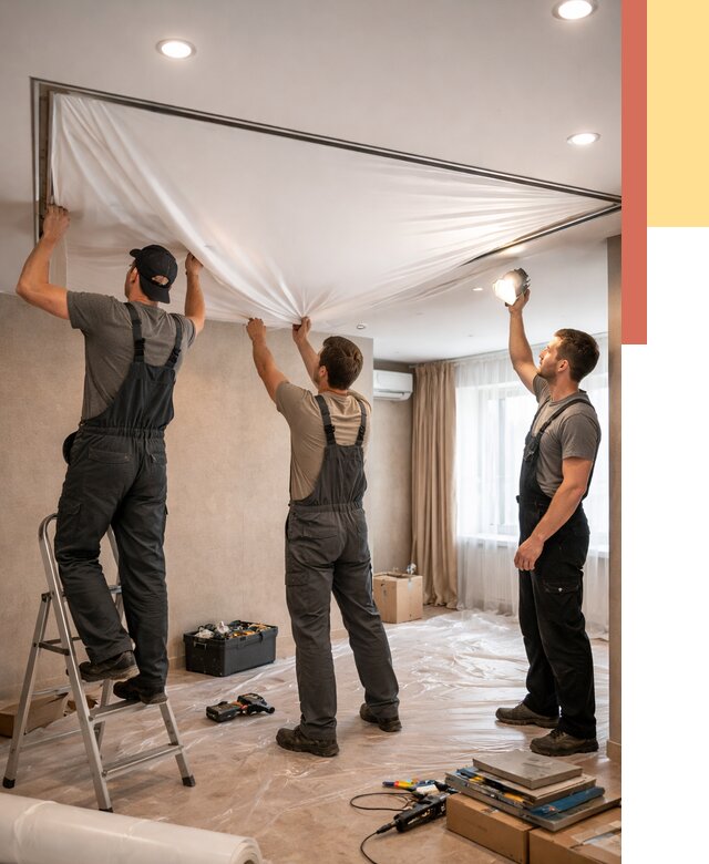 Монтаж ПВХ натяжного потолка в Кургане от 3608 руб. под ключ | ОТДЕЛОЧНИК-Крг