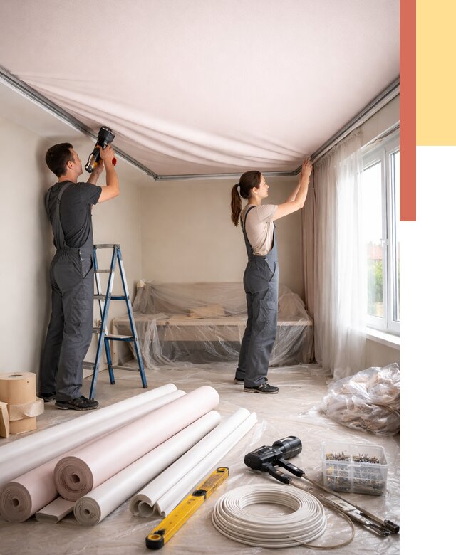 Монтаж цветного натяжного потолка в Кургане от 4330 руб/м² — быстро и недорого | ОТДЕЛОЧНИК-Крг