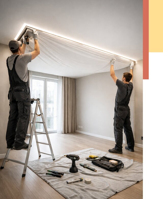 Монтаж парящего натяжного потолка в Кургане от 4639 руб. быстро и недорого | ОТДЕЛОЧНИК-Крг