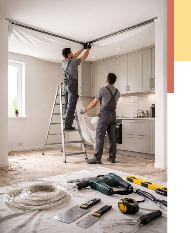 Установка натяжного потолка на кухне в Кургане от 2474 руб. | ОТДЕЛОЧНИК-Крг