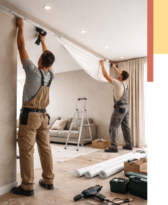 Монтаж натяжного потолка в гостиной в Кургане от 567 руб. | ОТДЕЛОЧНИК-Крг