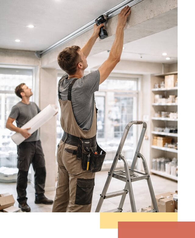 Монтаж натяжных потолков в магазине в Кургане