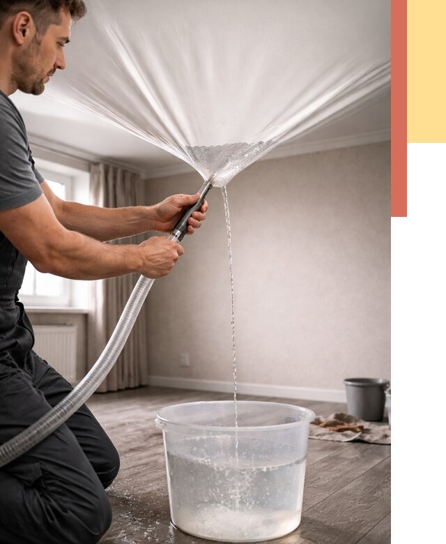 Слив воды с натяжного потолка в Кургане от 2577 руб. быстро и недорого | ОТДЕЛОЧНИК-Крг