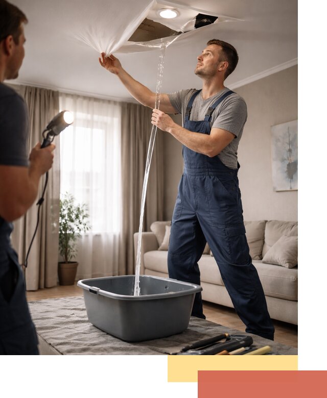 Слив воды с натяжного потолка в Кургане быстро и аккуратно