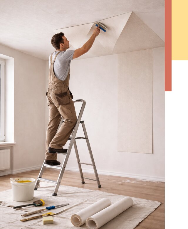 Поклейка обоев на потолок в Кургане от 4639 руб. быстро и недорого | ОТДЕЛОЧНИК-Крг